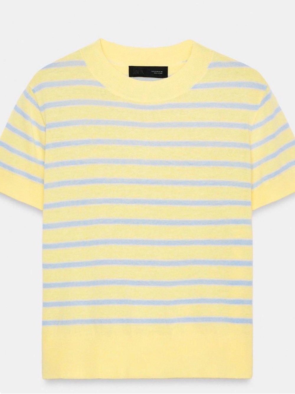 Zara Yellow and Light Blue Striped Short-Sleeve Crew Neck Sweater
